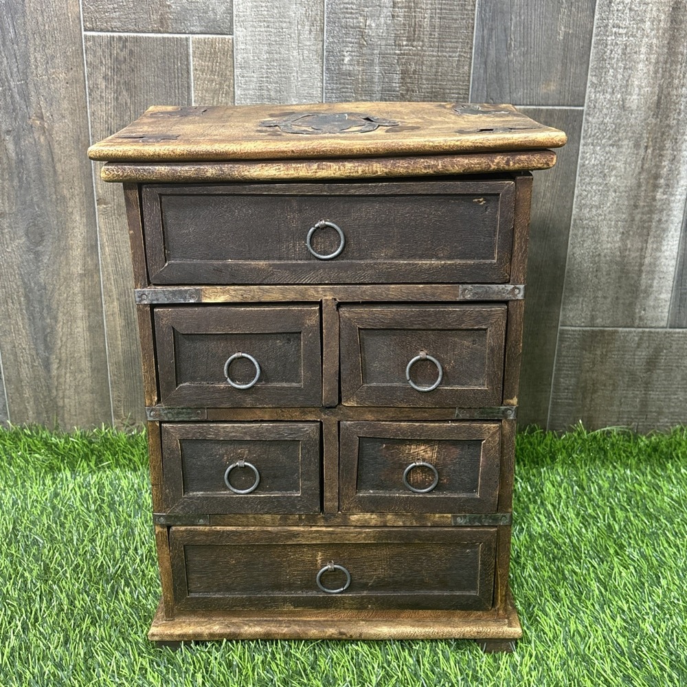 Vintage Rustic Wooden 6 Drawer Spice Box Cabinet Southwestern Farmhouse Decor